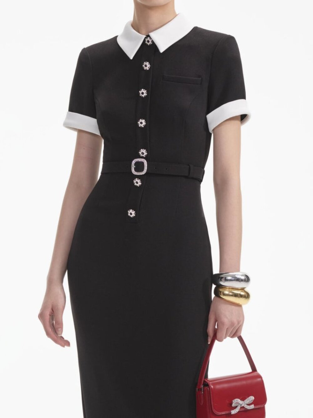 Self-Portrait Black Crepe Contrast Midi Dress, size 8 US, new with tags